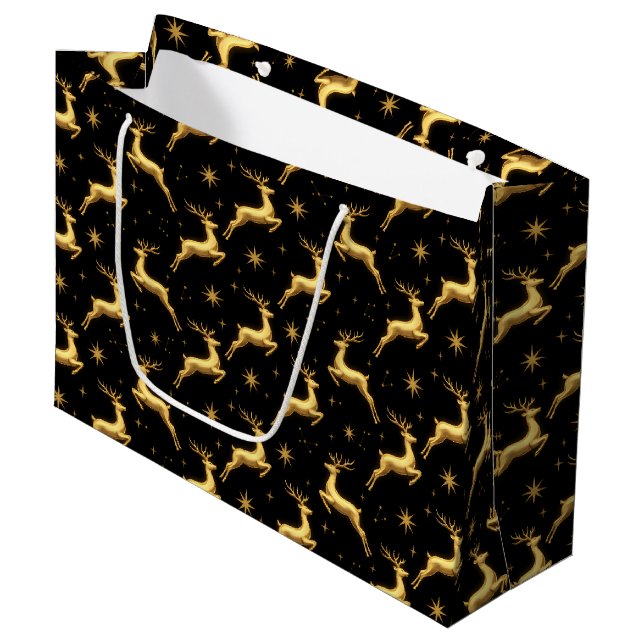 Metallic Gold and Black Reindeer and Stars Große Geschenktüte (Vorderseite Schrägansicht)