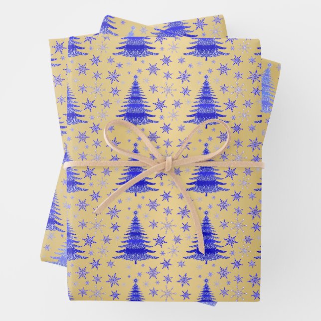Metallic Gold Blue Christmas Trees Muster Geschenkpapier Set (Beispiel)