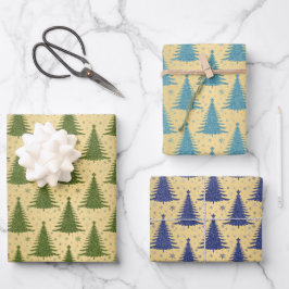 Metallic Gold Christmas Trees Green Blue Glitzer Geschenkpapier Set