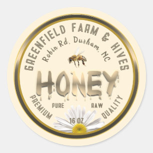 Metallic Gold Honey Label Bee Daisy Blume Elfenbei Runder Aufkleber