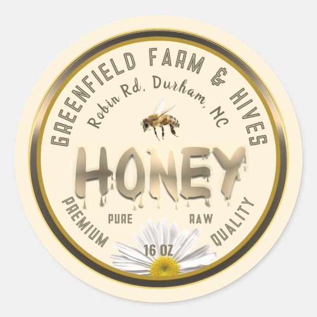 Metallic Gold Honey Label Bee Daisy Blume Elfenbei Runder Aufkleber (Vorderseite)