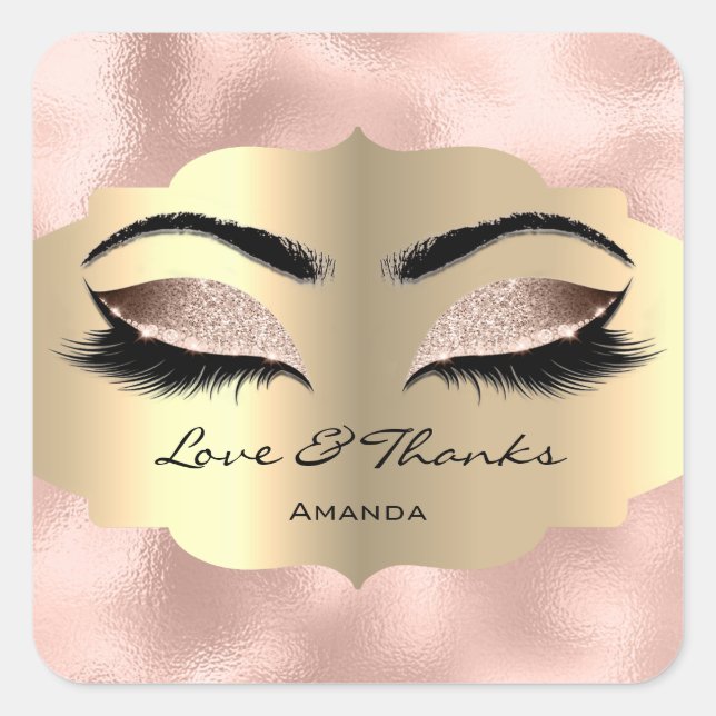 Metallic Gold Lashes Pink Sweet 16. Liebe Dank Quadratischer Aufkleber (Vorderseite)