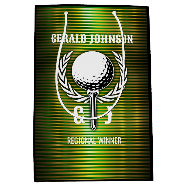 Metallic Gold Lines Golf Monogram Design Small Gif Mittlere Geschenktüte (Vorderseite)