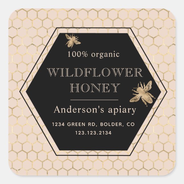 Metallic Gold Queen Bee Honey Jar Label Quadratischer Aufkleber (Vorderseite)