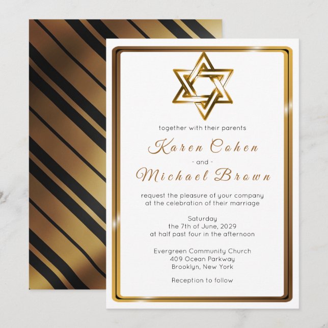 Metallic Gold Star von David Jewish Wedding Einladung (Vorne/Hinten)