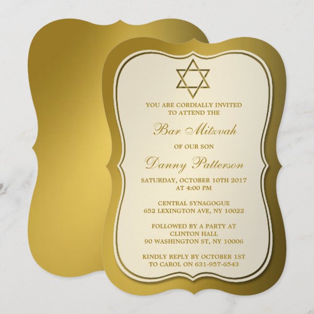 Metallic-Gold-Stern von David Bar Mitzvah Einladung (Vorne/Hinten)