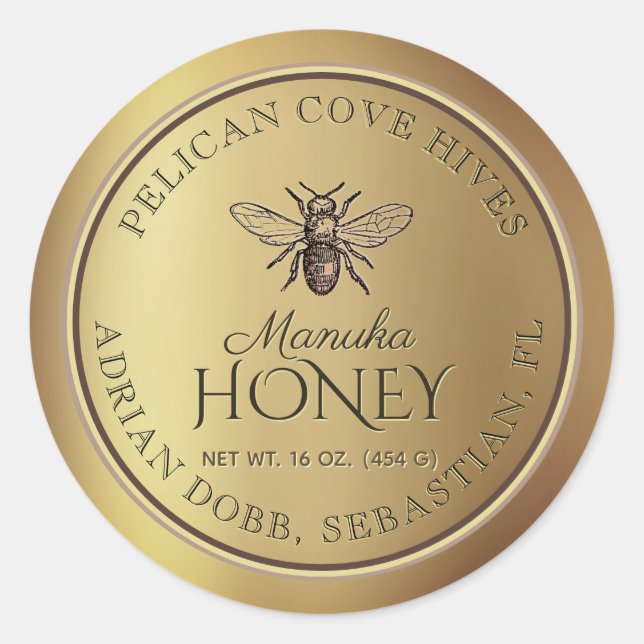 Metallic Gold Vintag Honey Bee Runder Aufkleber (Vorderseite)