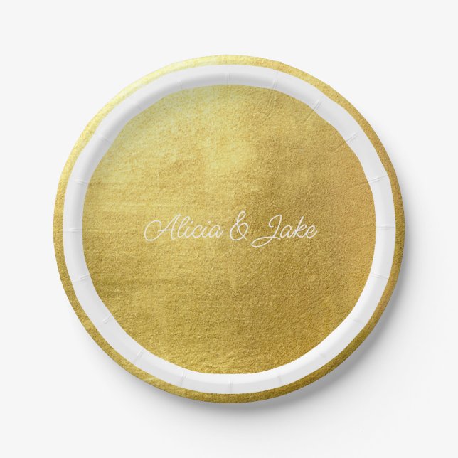 Metallic Gold White Script Names Wedding Pappteller (Vorderseite)