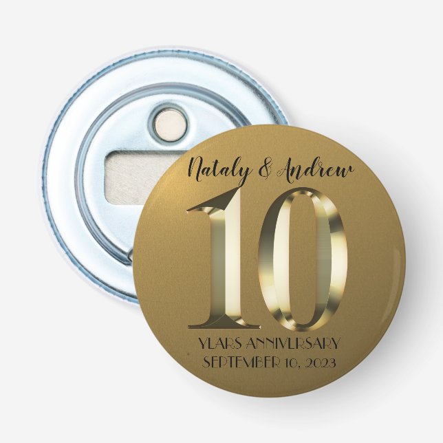 Metallic golden 10. Wedding Flaschenöffner (Vorderseite)