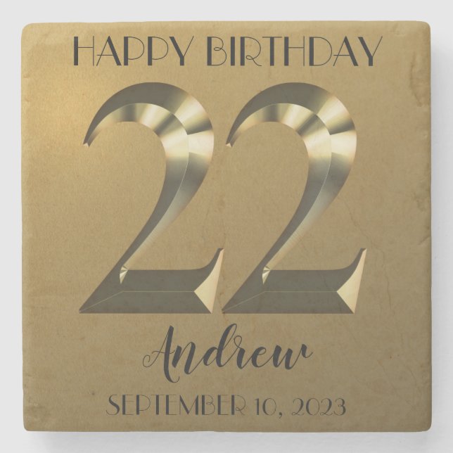 Metallic golden 22. Geburtstag Steinuntersetzer (Vorderseite)