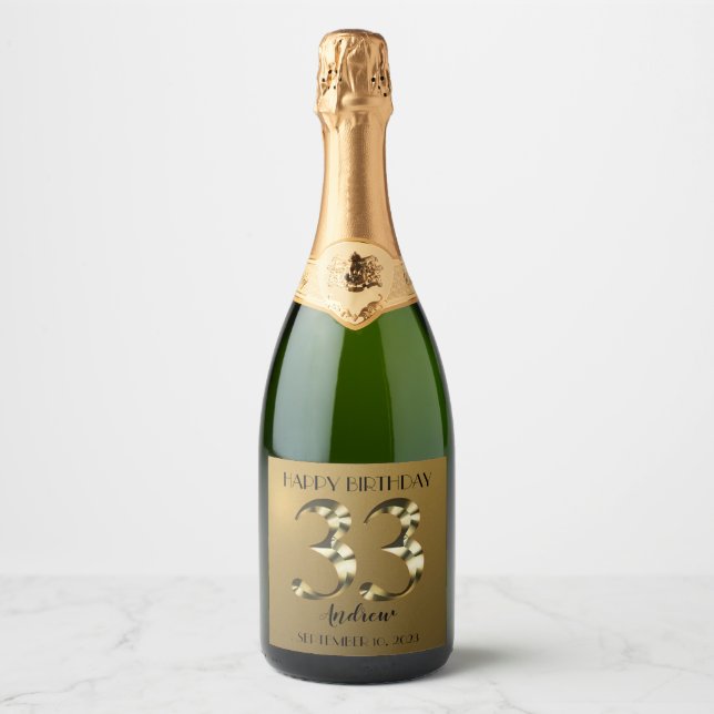 Metallic golden 33. Geburtstag Sparkling Weinlabel (Vorderseite)