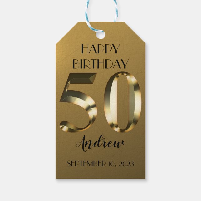 Metallic golden 50. Geburtstag Geschenkanhänger (Vorderseite)