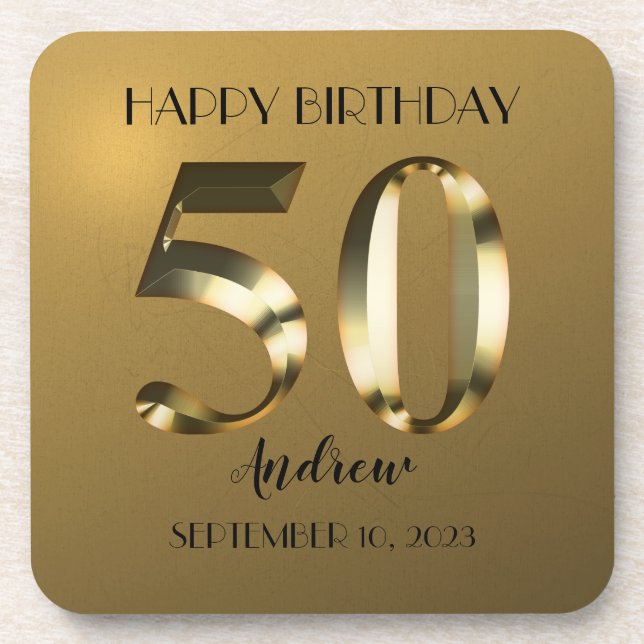 Metallic golden 50. Geburtstag Getränkeuntersetzer (Vorderseite)