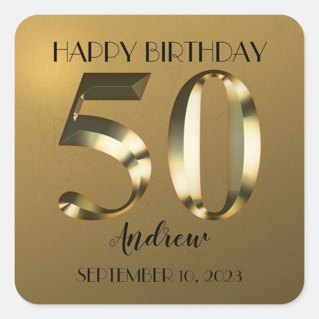 Metallic golden 50. Geburtstag Quadratischer Aufkleber (Vorderseite)
