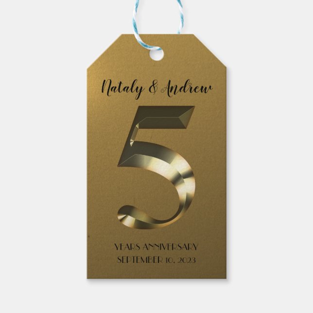 Metallic golden 5. Hochzeitstag Geschenkanhänger (Vorderseite)