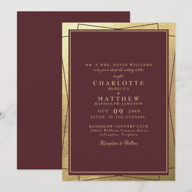 Metallic Golden Elegance & Burgund Wedding Einladung (Vorne/Hinten)