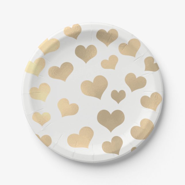 Metallic Golden Hearts Confetti White Delicate Pappteller (Vorderseite)