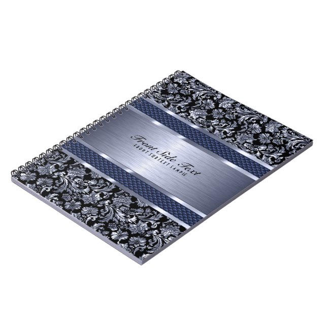 Metallic Light Blue Vintag Floral Damasks Notizblock (Linke Seite)