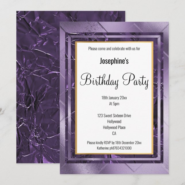METALLIC LILA LILAC LAYER FOIL BIRTHDAY EINLADUNG (Vorne/Hinten)