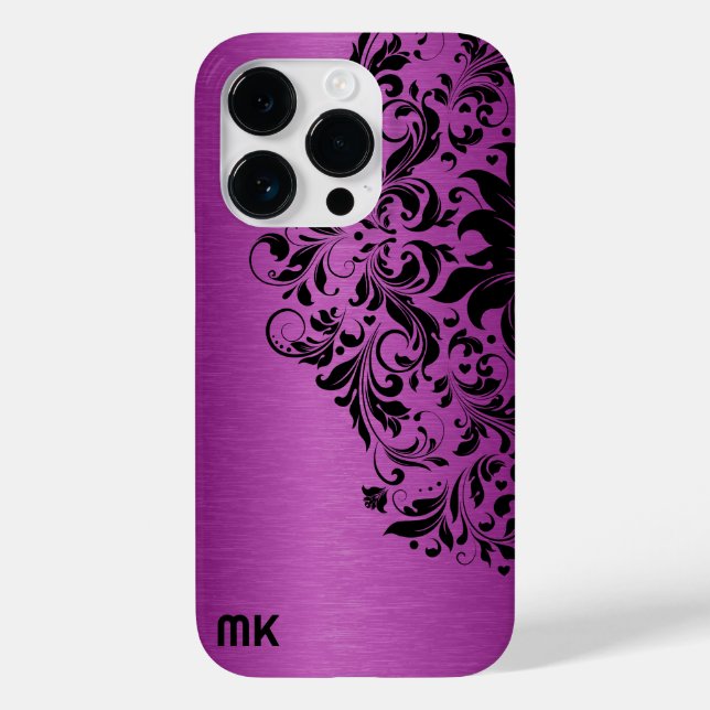 Metallic Maroon Red Texture Black Lace & Text Case-Mate iPhone 14 Pro Hülle (Rückseite)