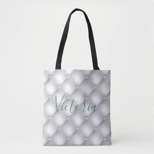 Metallic Satin White Mint Green Bling Name Tasche (Vorderseite)