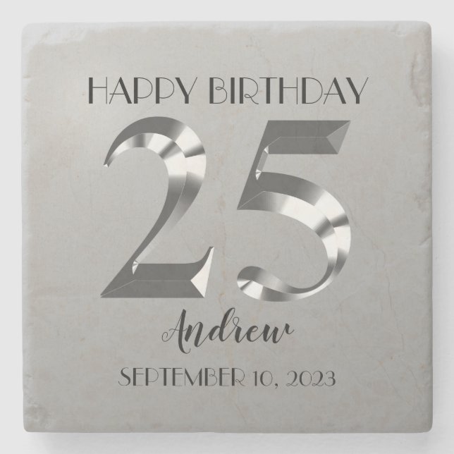 Metallic Silver 25. Geburtstag Platz Steinuntersetzer (Vorderseite)