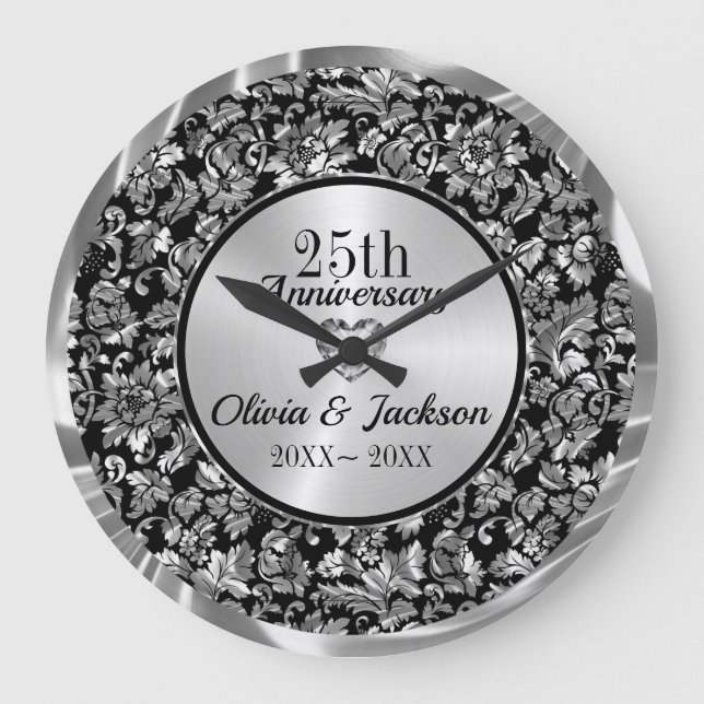 Metallic Silver Damask Große Wanduhr (Vorderseite)