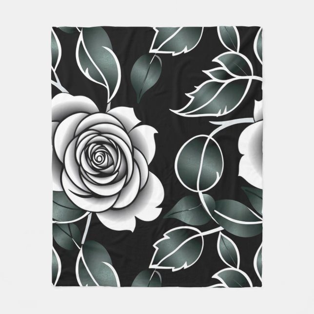 Metallic Silver Roses With Dark Green Leaves Fleecedecke (Vorderseite)