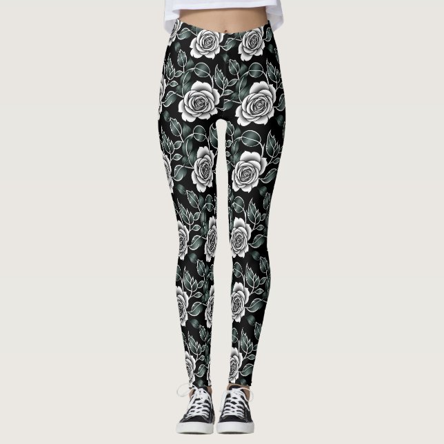 Metallic Silver Roses With Dark Green Leaves Leggings (Vorderseite)