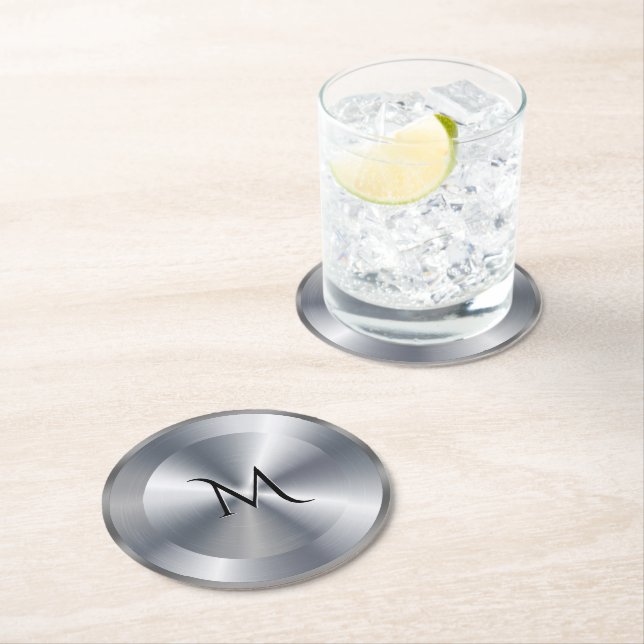 Metallic silver texture personalized monogram runder pappuntersetzer (Vor Ort)