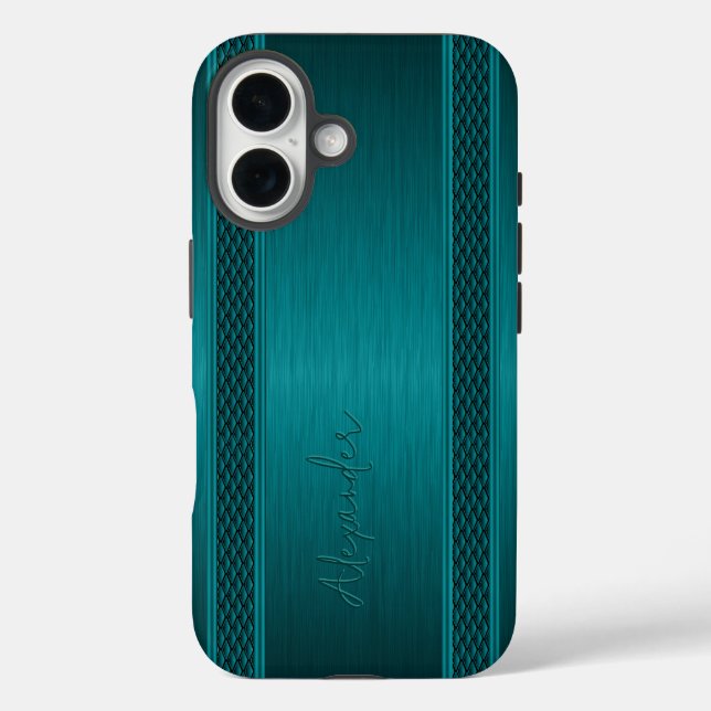 Metallic Teal-Green Brushed Aluminum Look iPhone 16 Hülle (Rückseite)