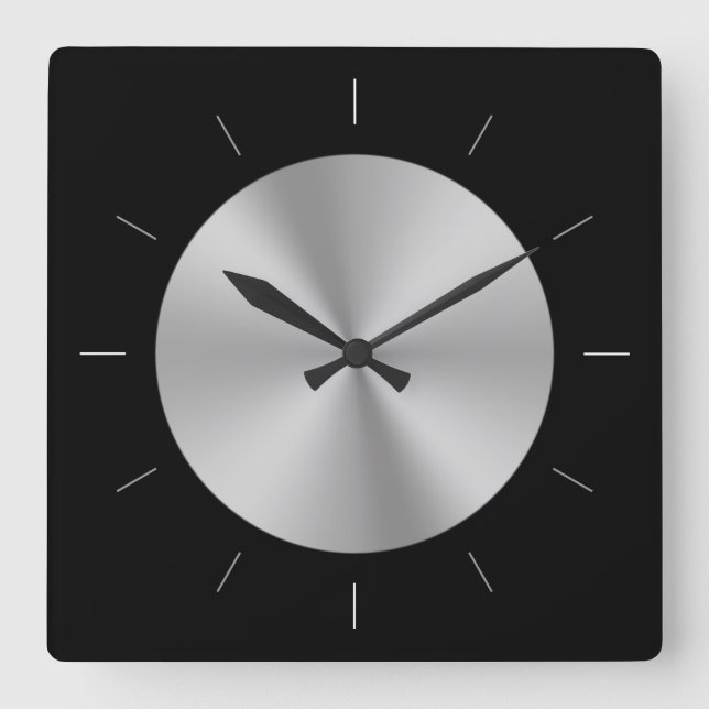 METALLIK-DISK | Grauer glänzender Stahllook Quadratische Wanduhr (Vorderseite)