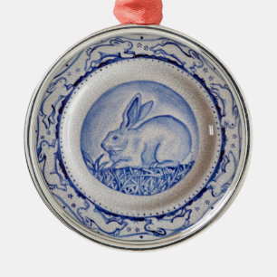 Métallique "Dedham Blue" Rabbit Blue & White Plate Ornement