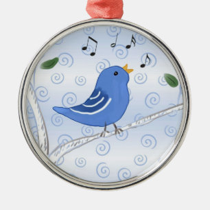 Métallique Oiseau bleu mignon de chant sur un ornement de