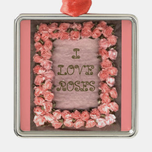 Métallique Ornement Carré Rose et Feuille en satin de ruban