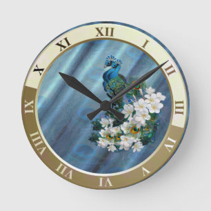 Metallisch Blau-grüne Pfauen auf Smaragdgrünem Sei Runde Wanduhr