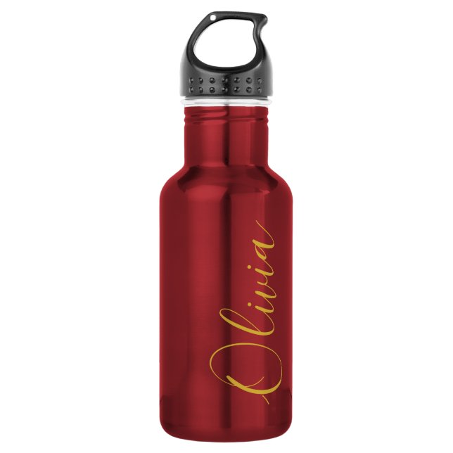 Metallisch rote Olivia Script Name Designart Edelstahlflasche (Vorderseite)