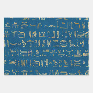 Metallische ägyptische Hieroglyphen auf blau Geschenkpapier Set
