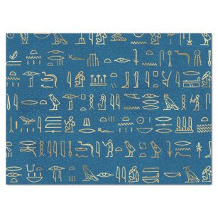 Metallische ägyptische Hieroglyphen auf blau Seidenpapier