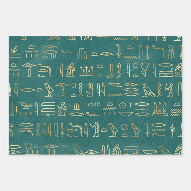 Metallische ägyptische Hieroglyphen auf Grün Geschenkpapier Set (Vorderseite)