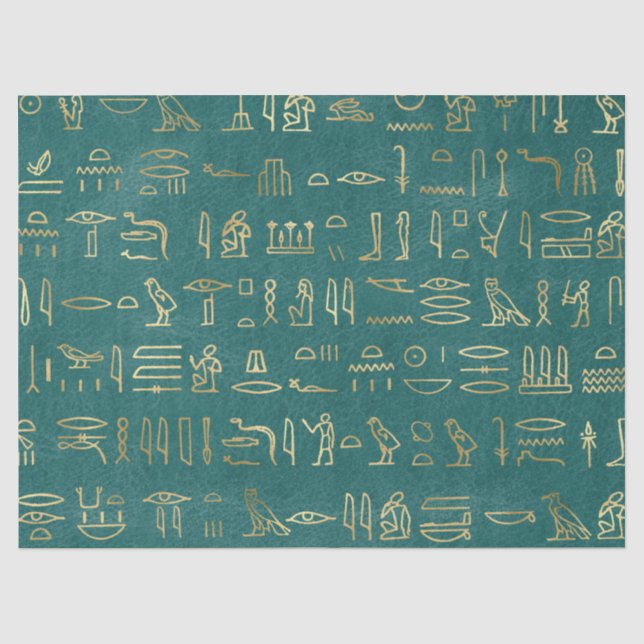 Metallische ägyptische Hieroglyphen auf Grün Seidenpapier (Vorderseite)