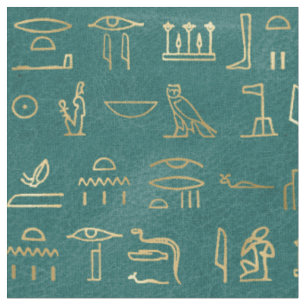 Metallische ägyptische Hieroglyphen auf Grün Stoff