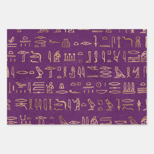 Metallische ägyptische Hieroglyphen auf Lila Geschenkpapier Set