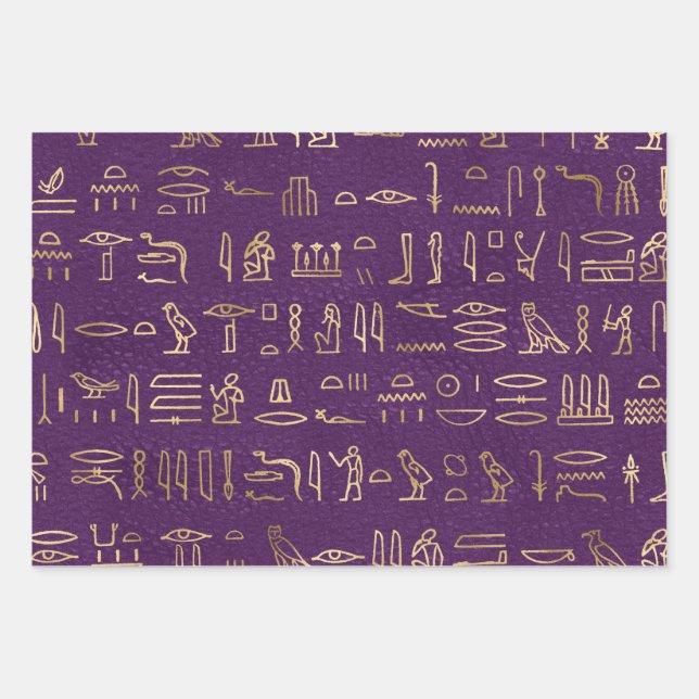 Metallische ägyptische Hieroglyphen auf Lila Geschenkpapier Set (Vorderseite)