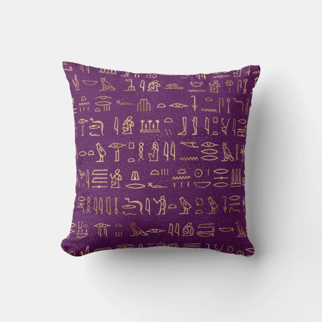 Metallische ägyptische Hieroglyphen auf Lila Kissen (Vorderseite)