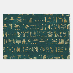 Metallische ägyptische Hieroglyphen auf Waldgrün Geschenkpapier Set