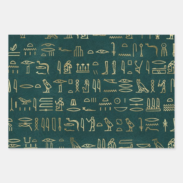 Metallische ägyptische Hieroglyphen auf Waldgrün Geschenkpapier Set (Vorderseite)