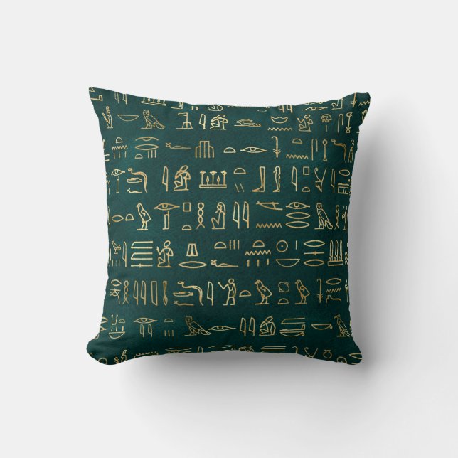 Metallische ägyptische Hieroglyphen auf Waldgrün Kissen (Vorderseite)
