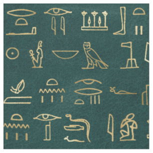 Metallische ägyptische Hieroglyphen auf Waldgrün Stoff