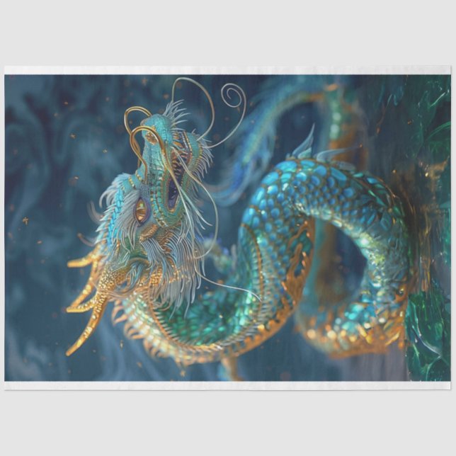 Metallische Aquamarine goldenserpente Drachendekou Seidenpapier (Vorderseite)